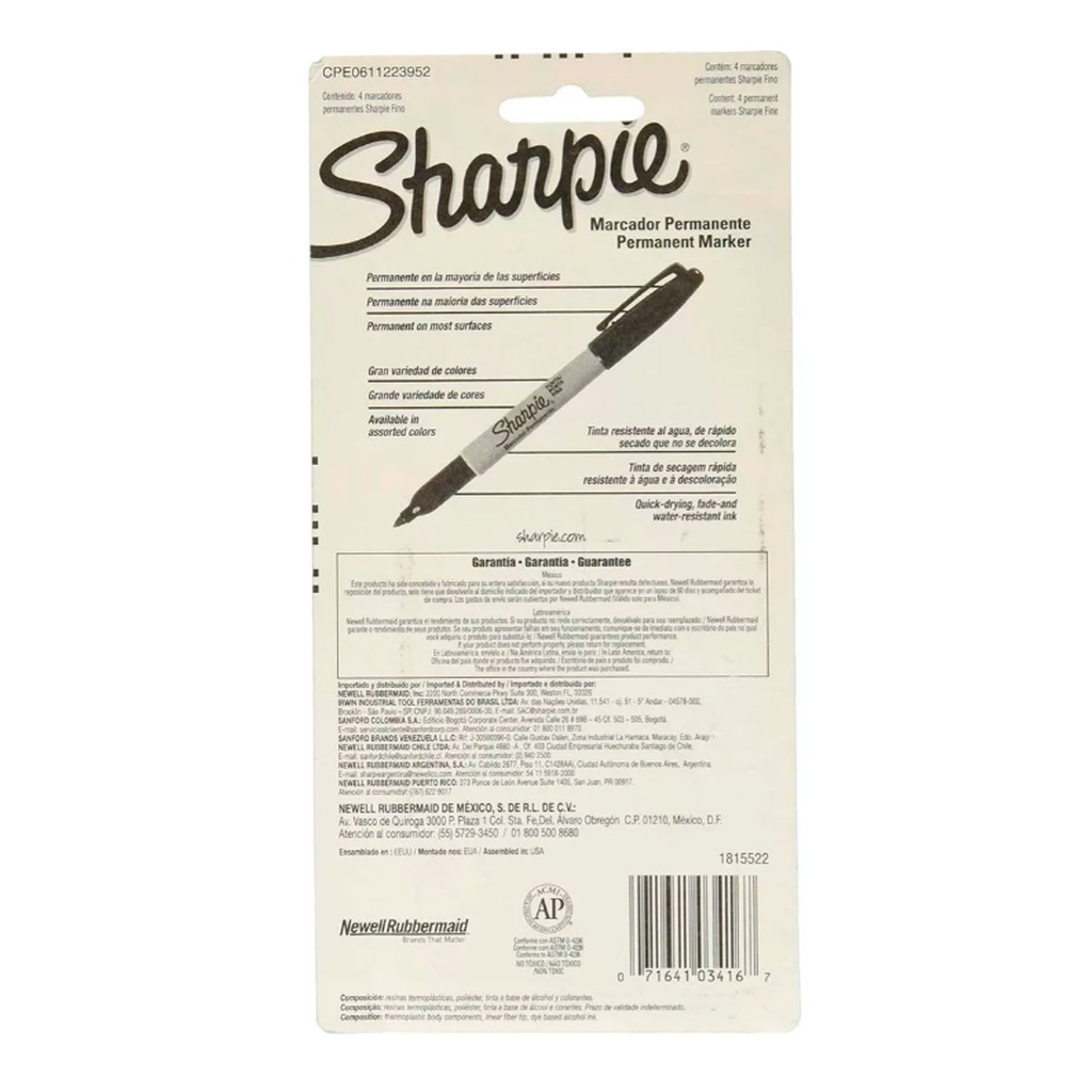 Marcador Sharpie 4 colores Punta Fina Permanente