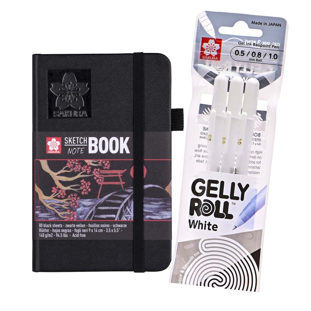 Sketchbook Sakura Hoja Negra 9x14 + Set 3 Gelly Roll Blanco