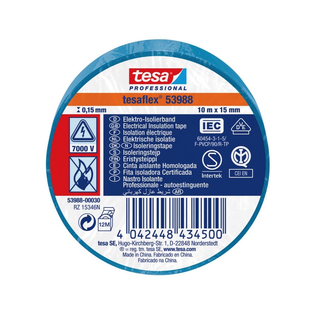 Cinta Aislante Tesa Azul 15mm X 10 mts.