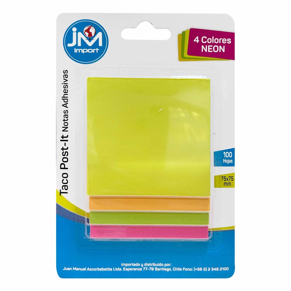 Taco de Notas adhesivas Post It 75X75mm 4 Colores Neon 100hj